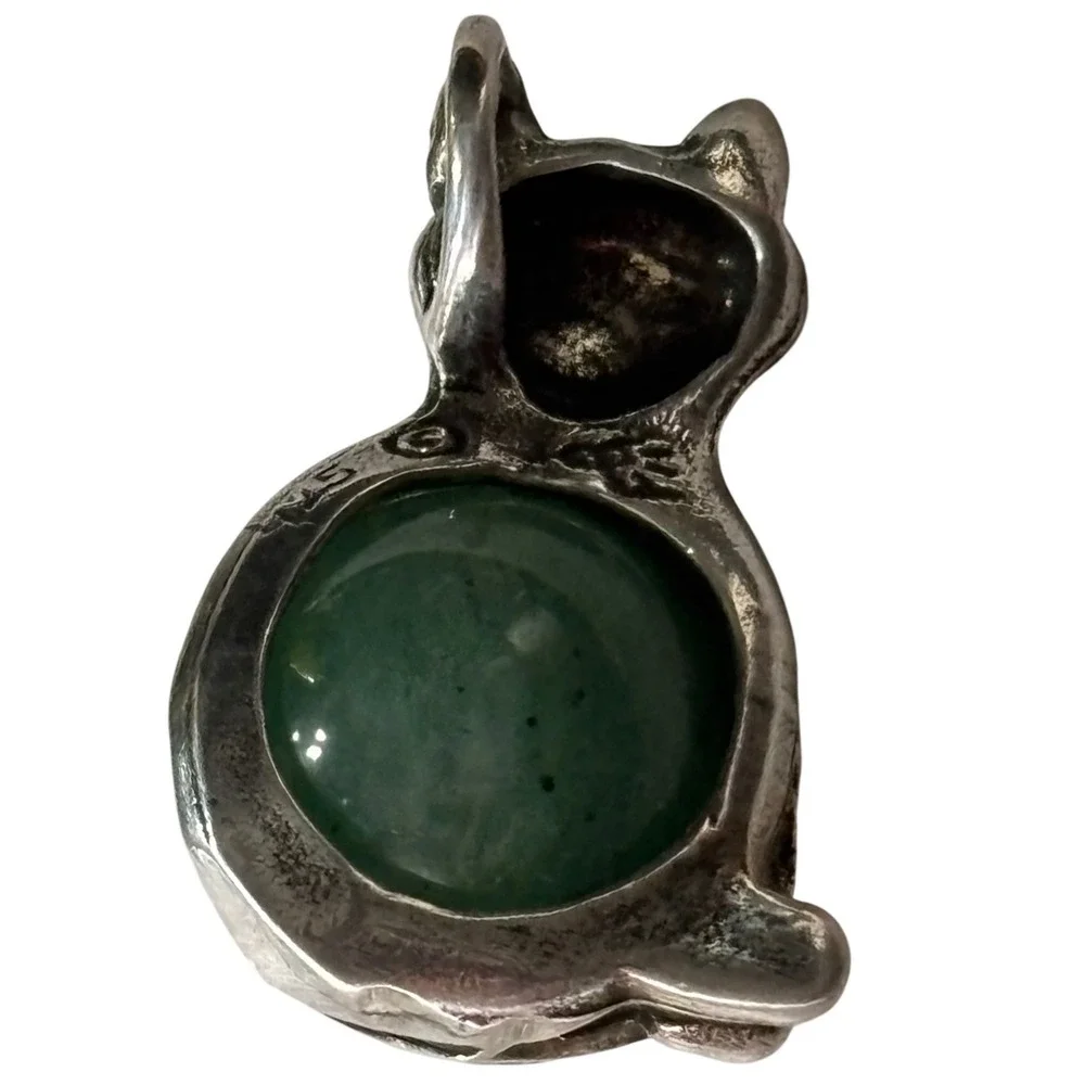 Vtg 925 Sterling Silver Cat Pendant Jade Green Aventurine Quartz Sphere